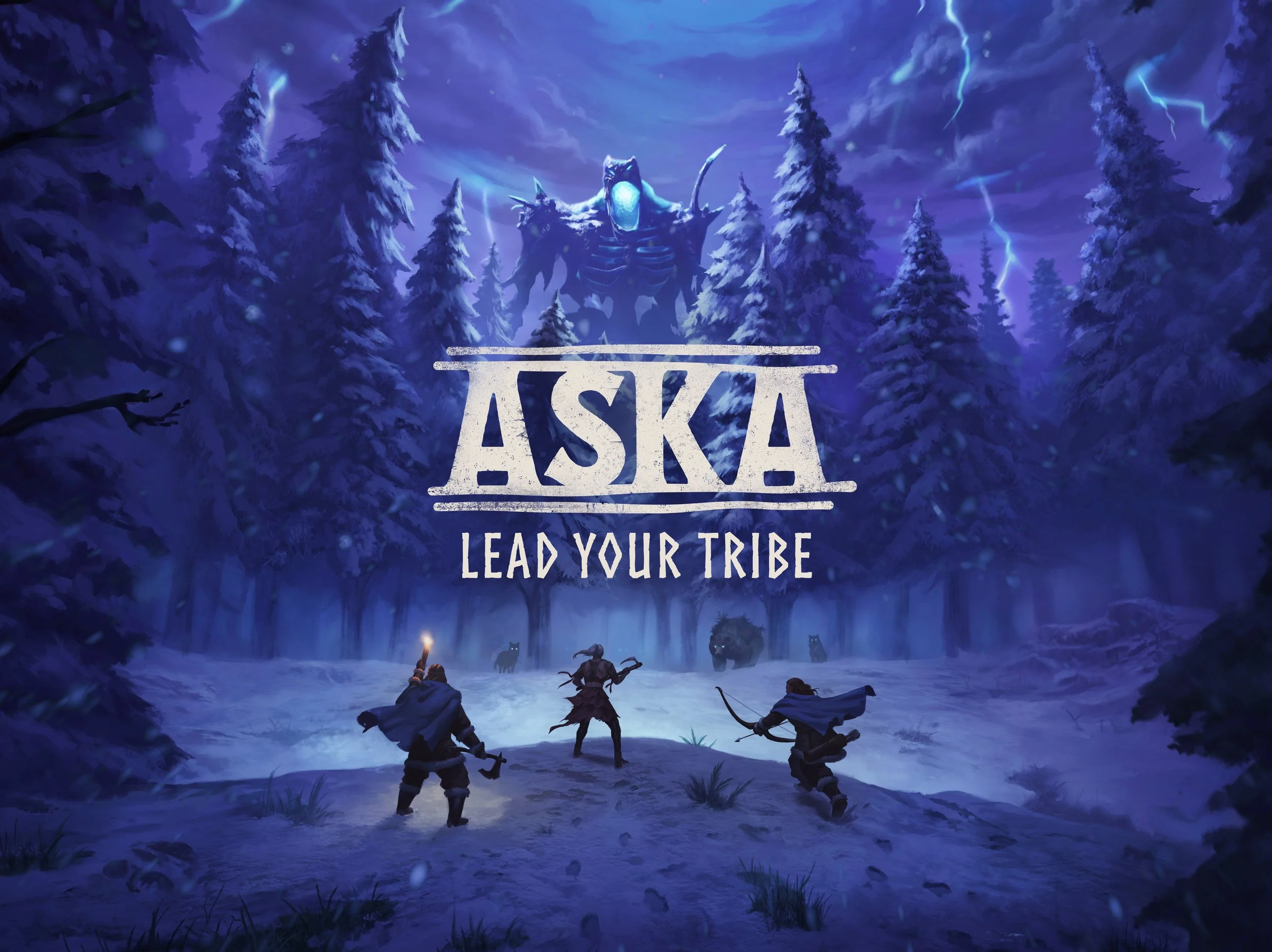 Frosty forest scene with three adventurers preparing for battle against a large skeletal creature with glowing blue eyes amid lightning and stormy sky. Title 'ASKA' with the subtitle 'Lead Your Tribe' is overlaid.