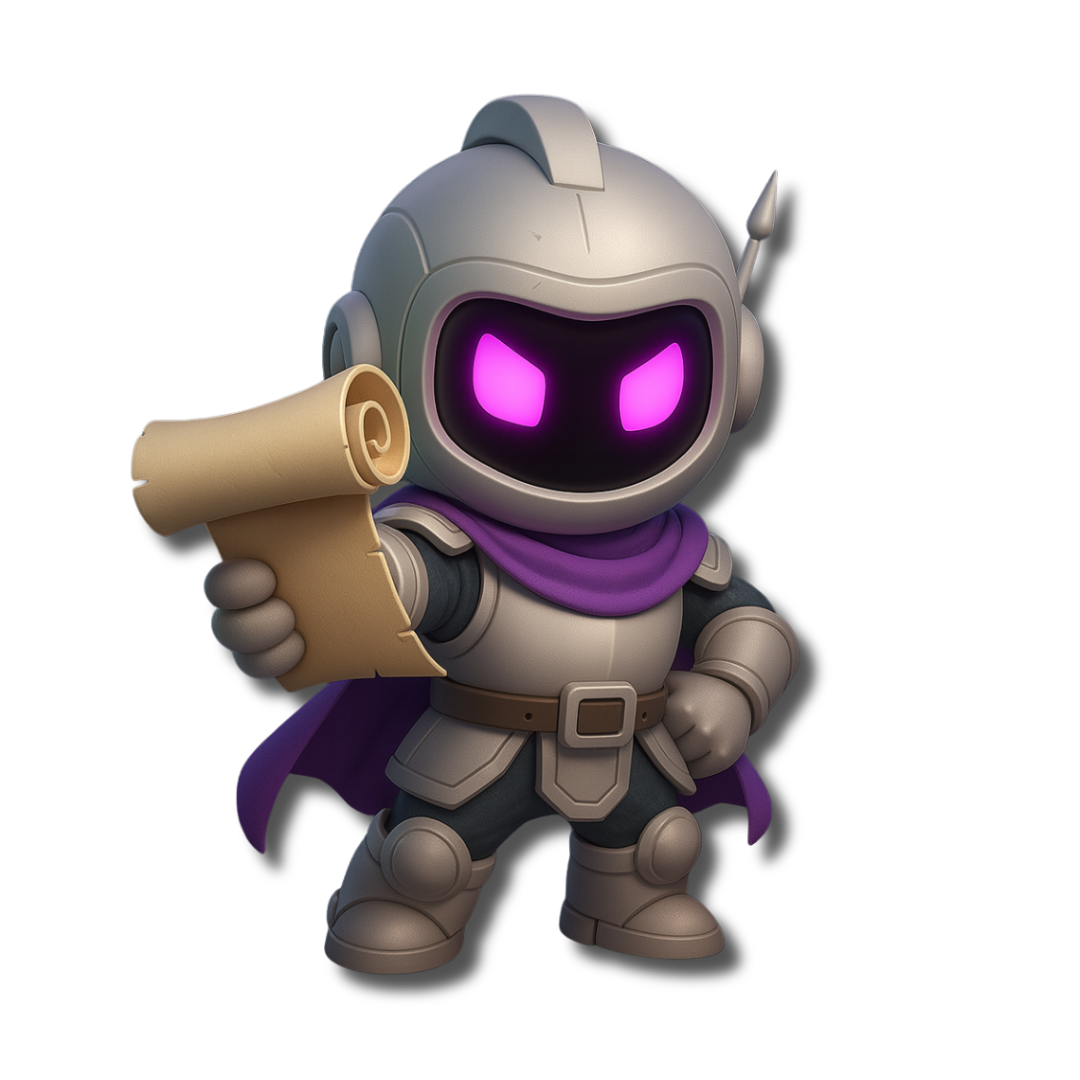 A cartoonish knight robot with purple eyes holding a scroll, wearing a purple cape and armor, set against a black background.