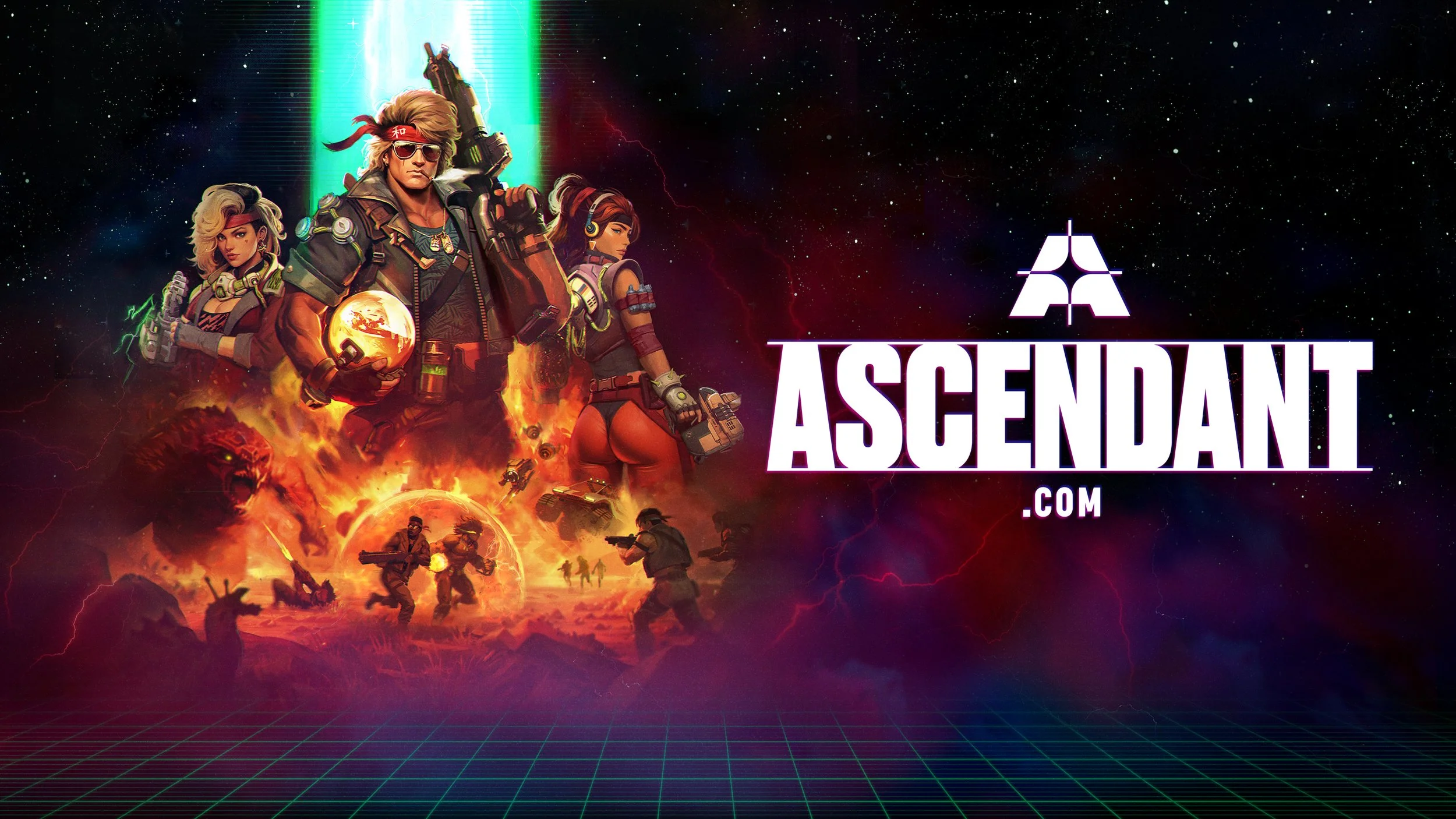 A retro-futuristic digital art poster for the game 'Ascendant' showing four characters with weapons, a fiery explosion, and spaceships in space background with stars and lightning, and the website 'Ascendant.com' in bold white letters.