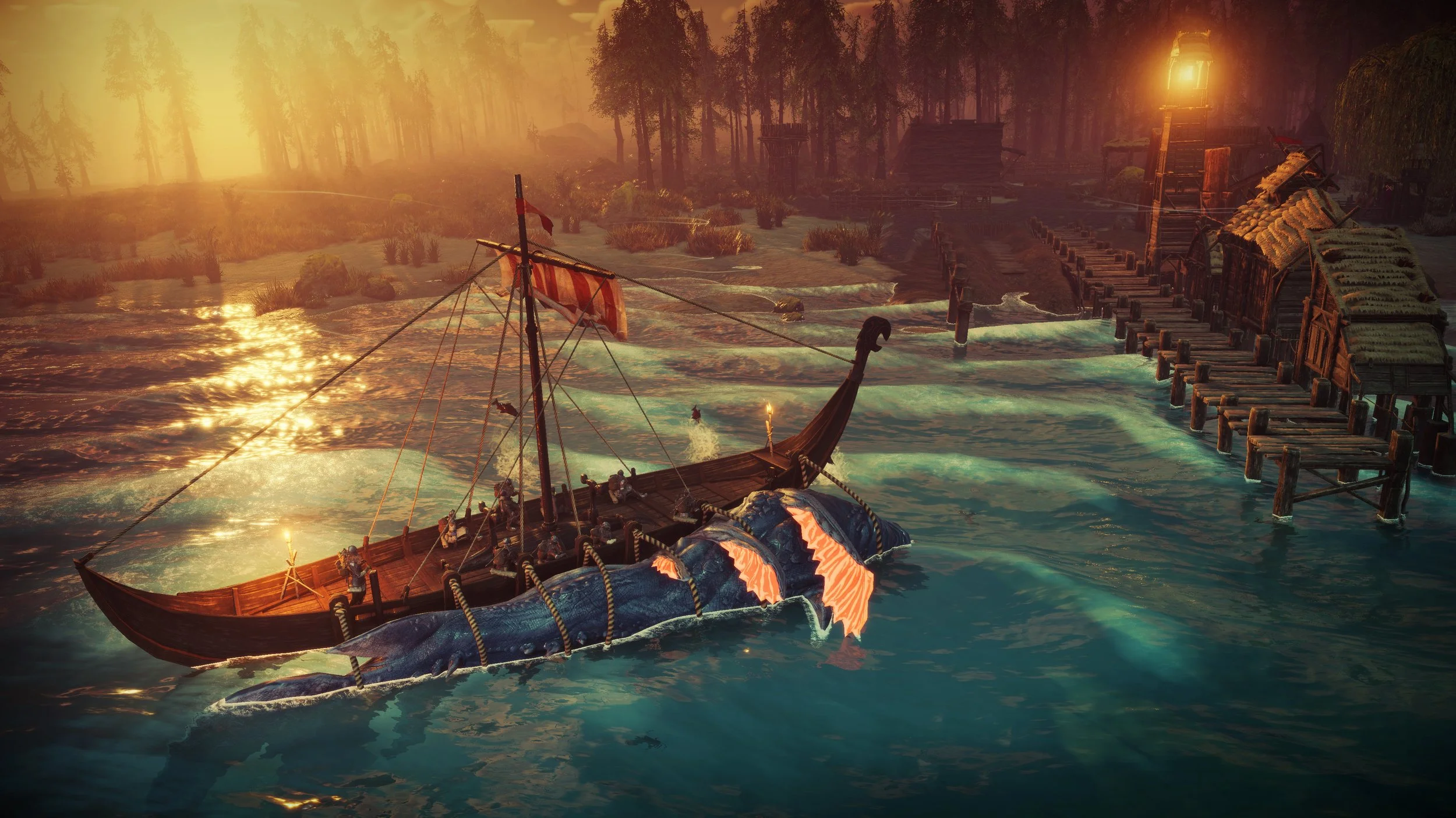 A Viking-style ship with dragon head at the bow docked at a wooden pier during sunset, with a forest in the background.