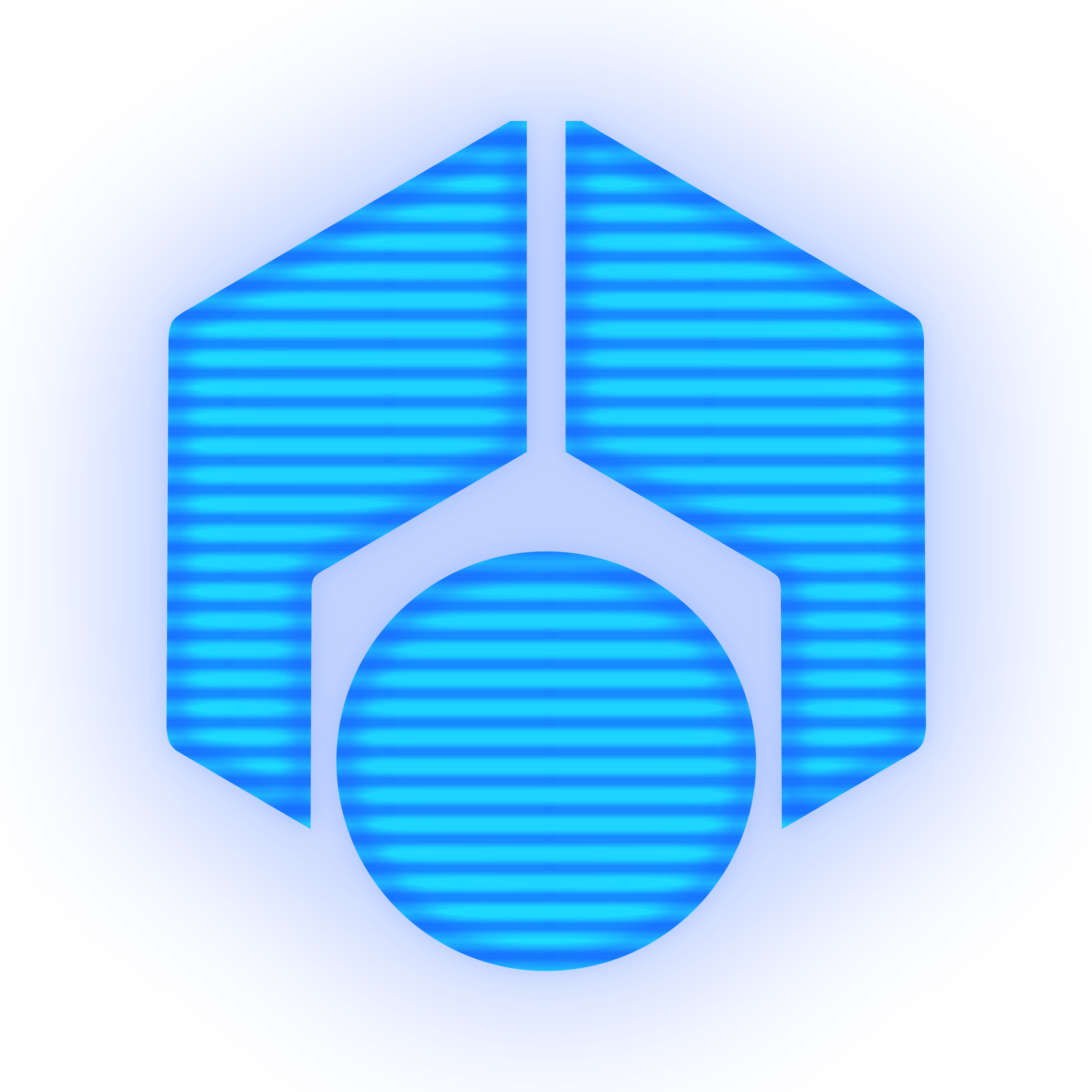 A blue 3D rendering of a peace symbol inside a house-shaped outline.