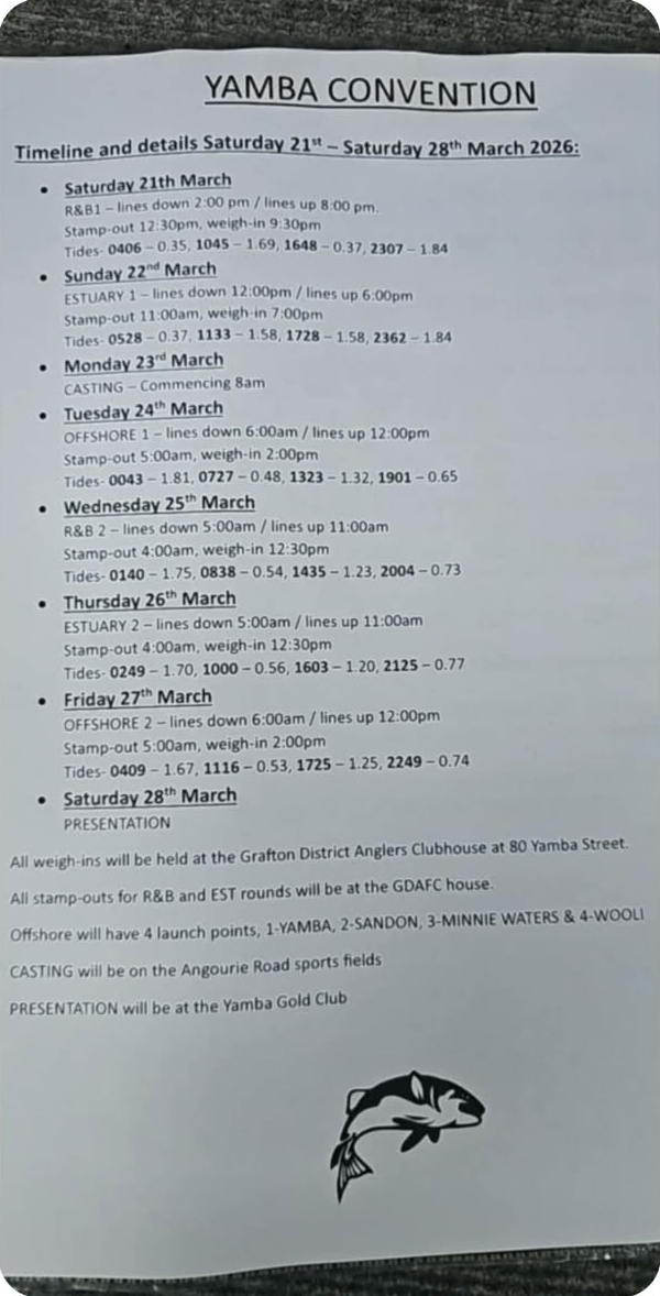 Schedule and details for the Yamba Anglers Convention, including dates, times, and locations of weigh-ins, weigh-out, and presentation, with a fish logo at the bottom.