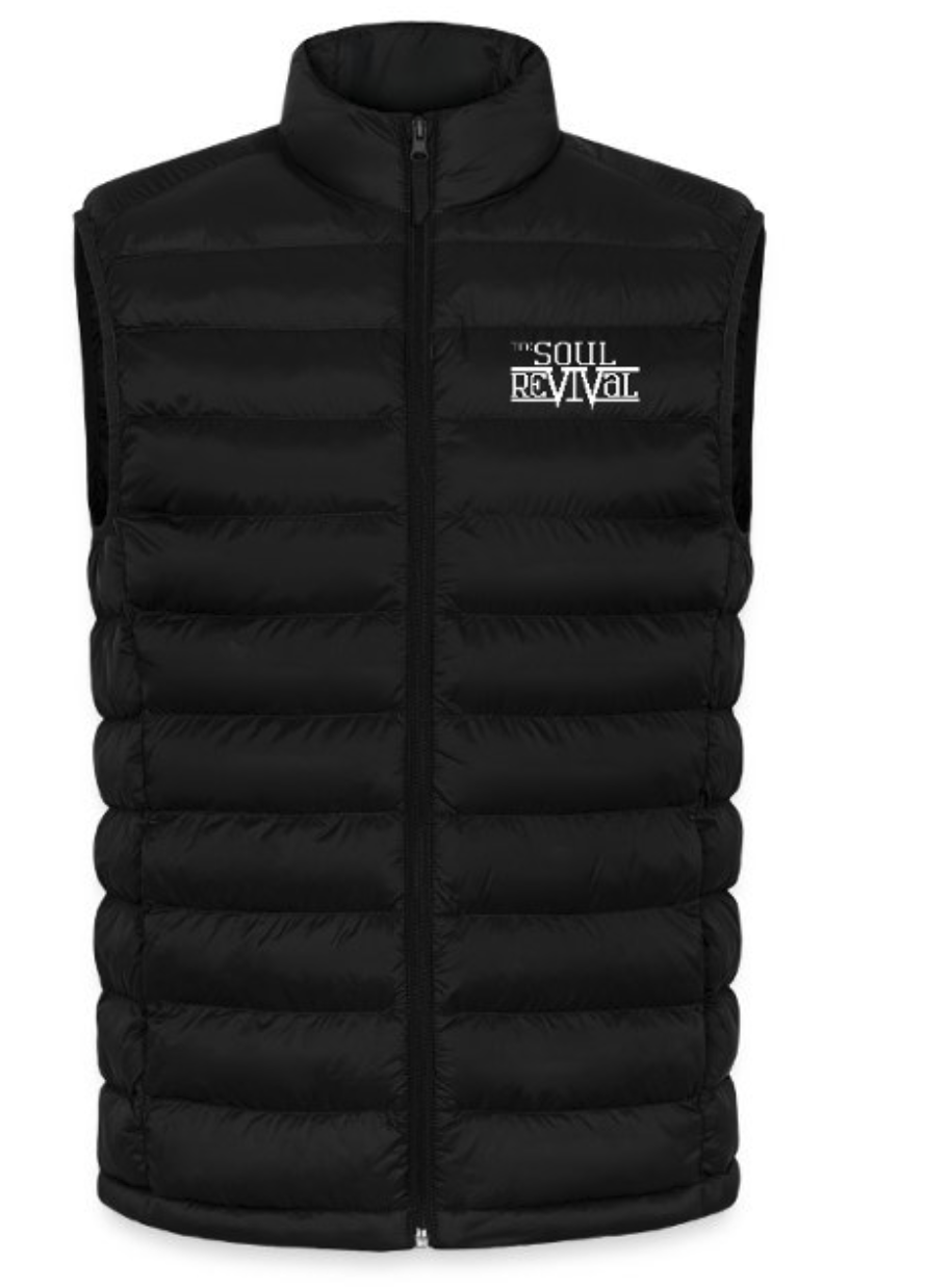 Black color quilted sleeveless puffer vest with a high collar and a front zipper, featuring the white text 'The Soul Revival' on the chest.