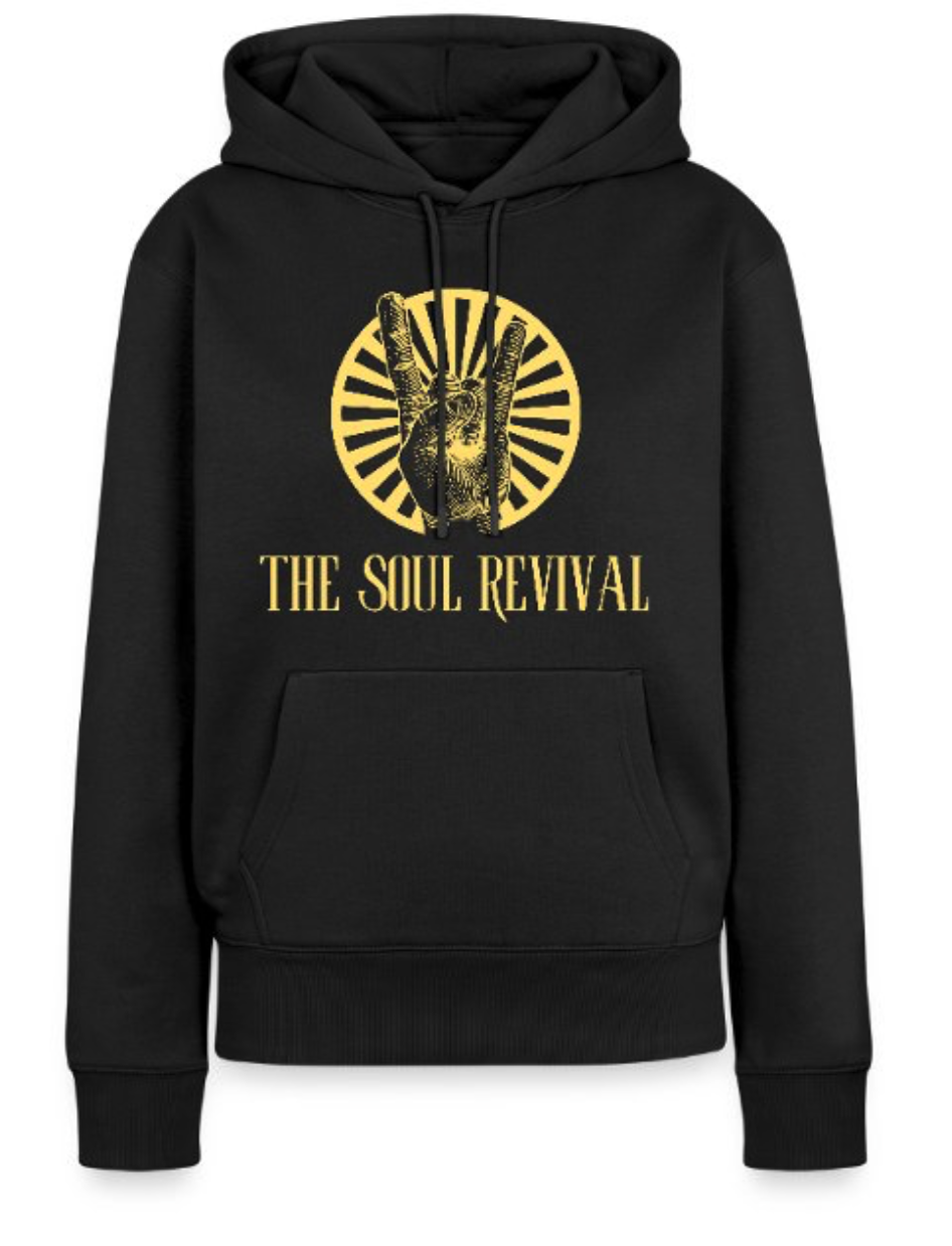 A black hoodie with a graphic design of a skeleton making a rock on hand gesture and the text 'The Soul Revival' in yellow.