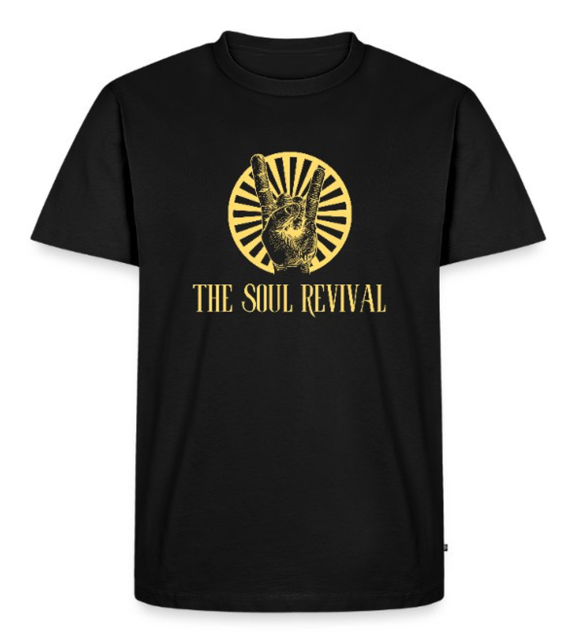 Black T-shirt with a gold graphic of a hand making the rock and roll sign and text that reads "The Soul Revival."