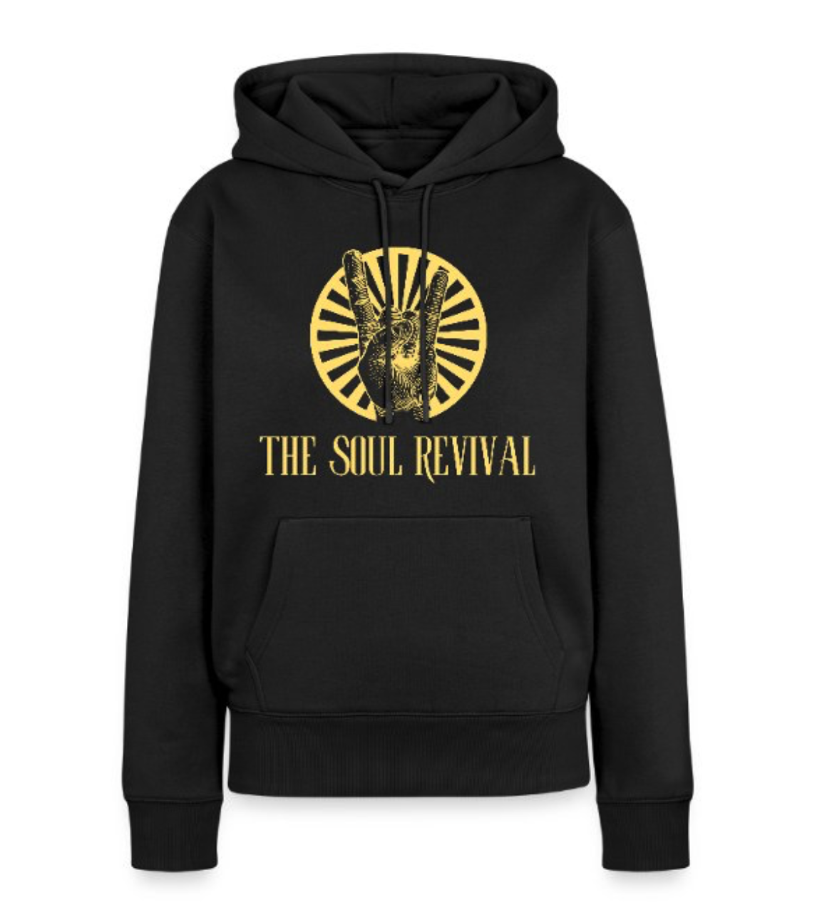 Black hoodie with a yellow graphic of a hand making a peace sign and a face at the top, with the text "The Soul Revival" in yellow below.