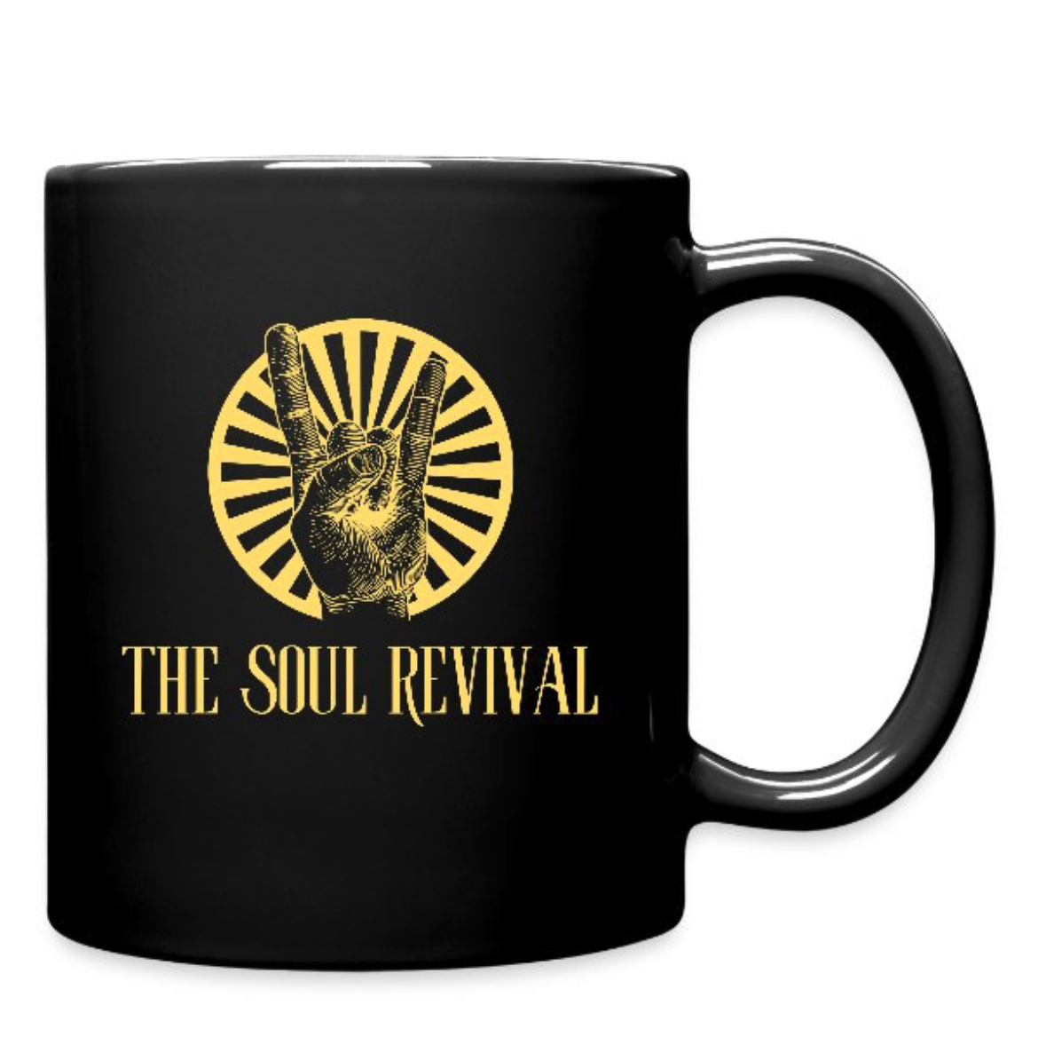 Black mug with a yellow graphic of a hand making the peace sign and the text "The Soul Revival".