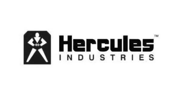 Hercules Industries logo featuring a stylized muscular figure with hands on hips, in black and white.