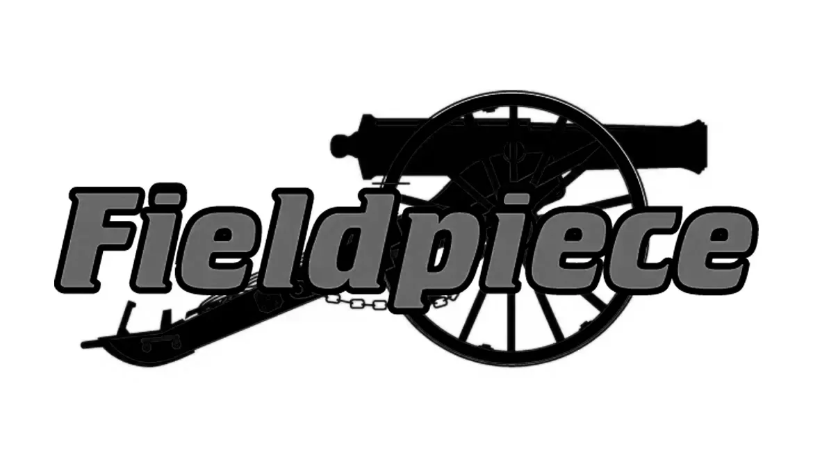 A logo featuring a cannon and a large wheel with the word 'Fieldpiece' superimposed over it.