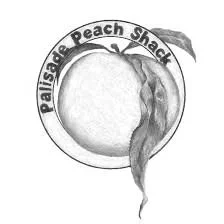 Logo of Palisade Peach Shack featuring a peach with a leaf and the business name encircling it.