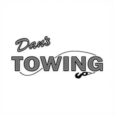 Logo for Dan's Towing with the words 'Dan's' in cursive and 'TOWING' in bold, with a tow hook graphic underneath.