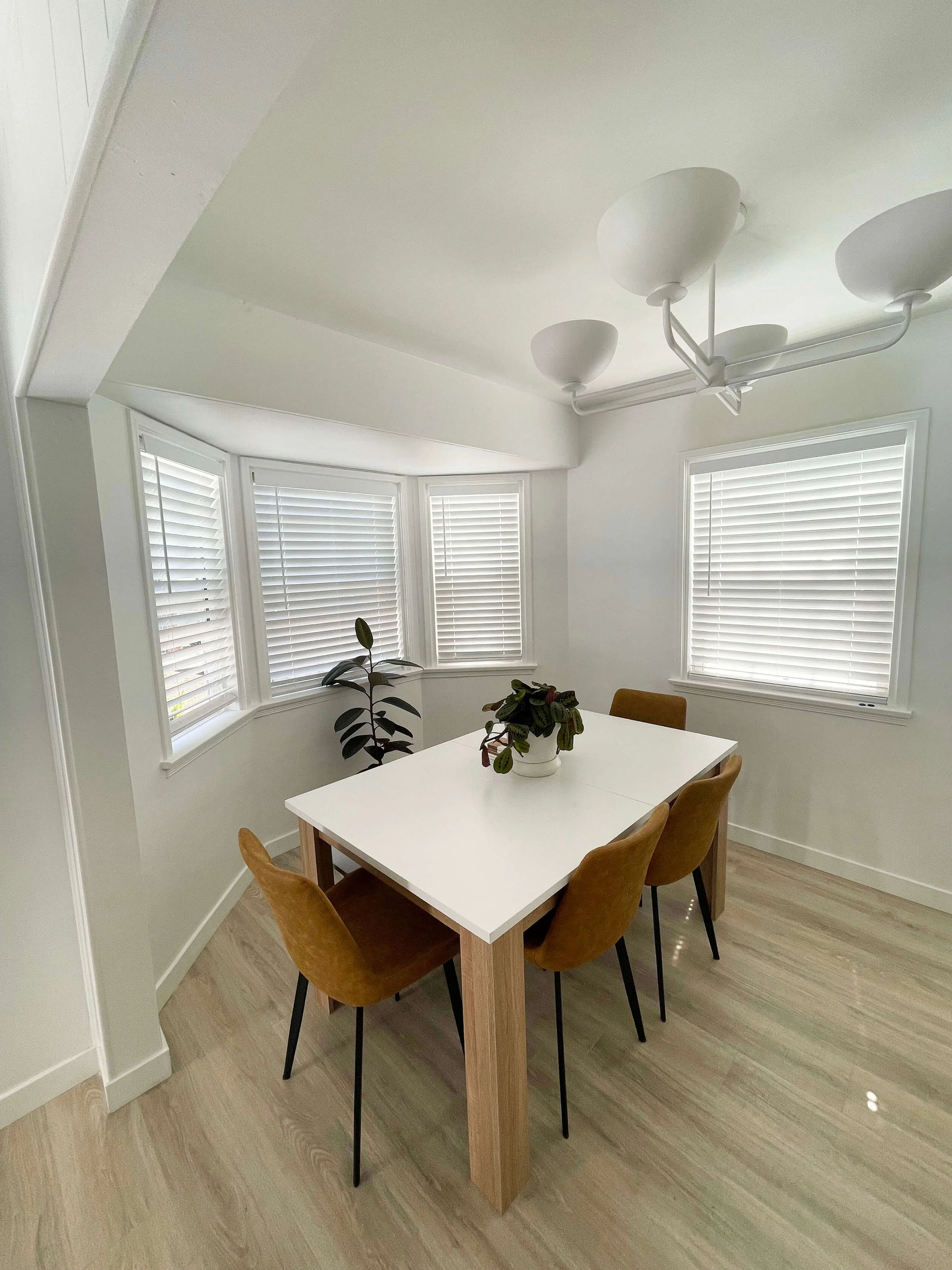 A white dining table with five brown chairs in a bright room with white walls and large windows with white blinds at residence 6605 & 6603 4th Ave. in Hyde Park. There are two potted plants on the table.