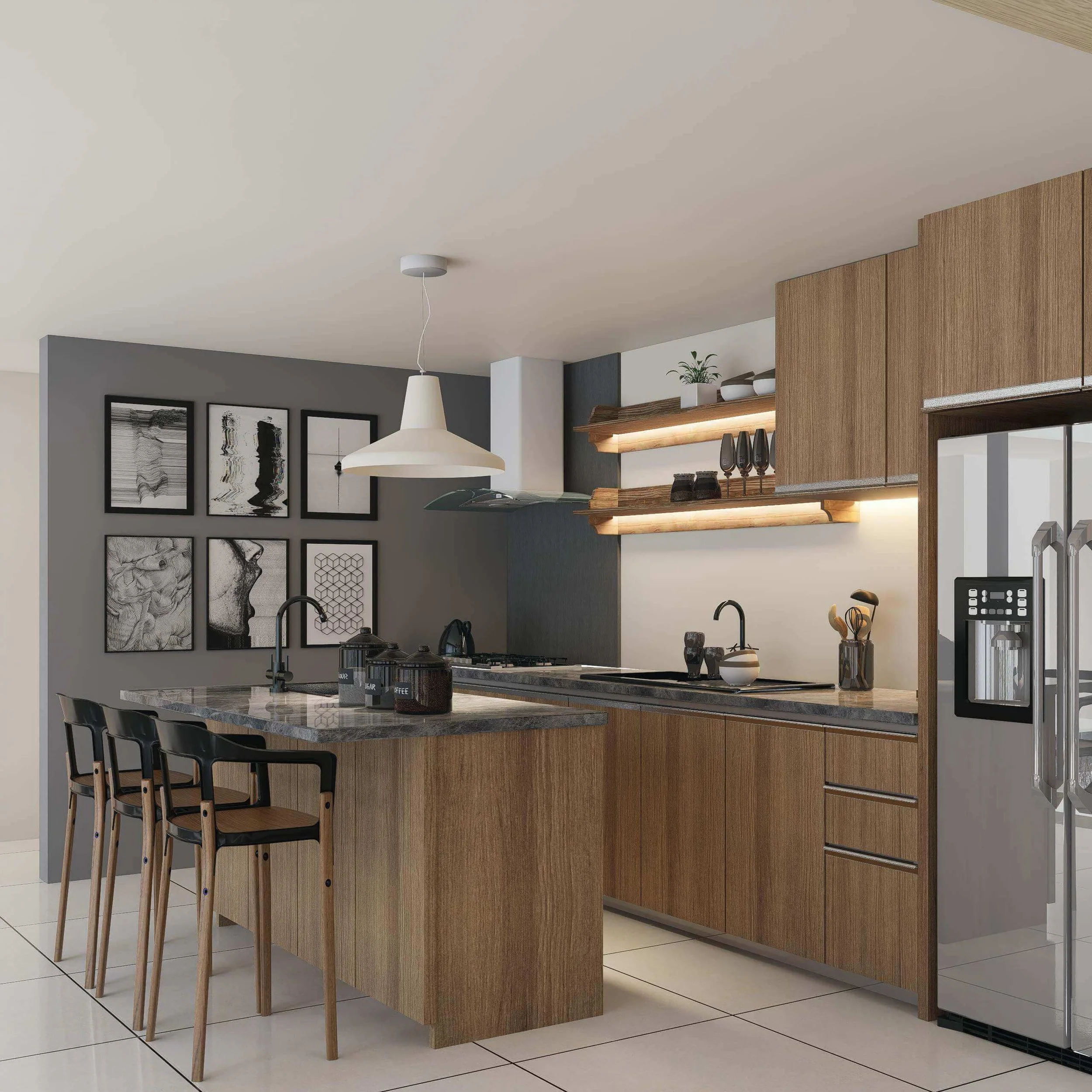 Modern kitchen with wooden cabinetry, white countertop, black chairs, and a black and white art gallery wall.