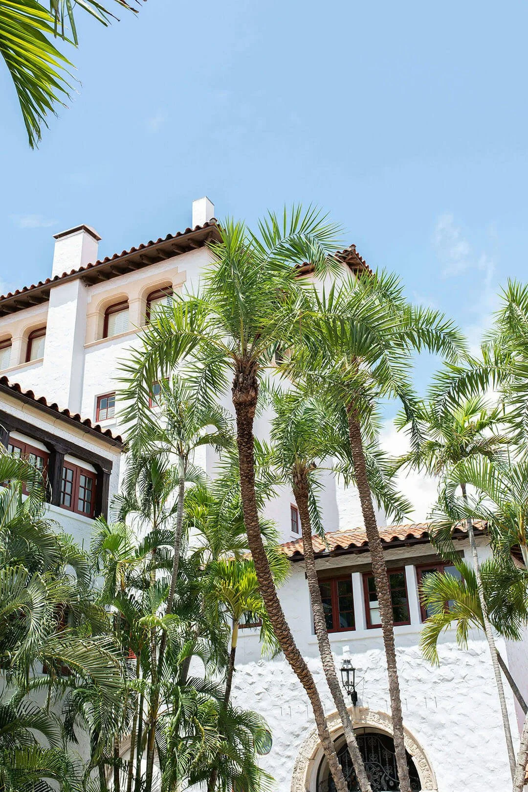 White Mediterranean-style building with red-tile roof, surrounded by palm trees, under a clear blue sky.
