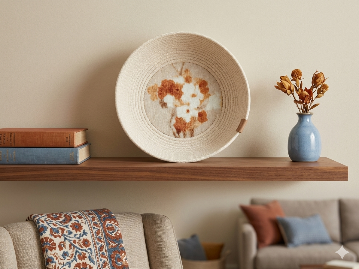Bowl with rust, cream flowers on shelf L 296.png
