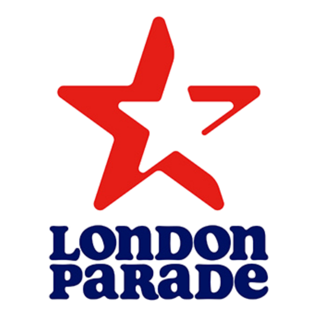 Logo for London Parade featuring a red, three-pointed star with a cut-out star shape in the middle, and the words "London Parade" in navy blue text below.