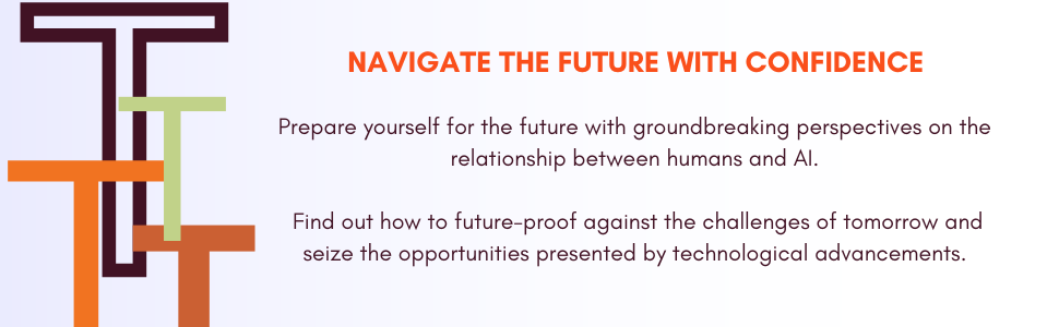Text on a white background with colorful geometric shapes on the left. The text reads "NAVIGATE THE FUTURE WITH CONFIDENCE" in bold orange, followed by two paragraphs about preparing for the future with AI and technological advancements.