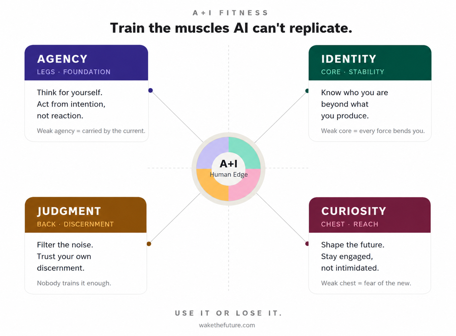 An infographic titled "Train the muscles AI can't replicate" showcasing four components of human edge in AI: Agency, Identity, Judgment, and Curiosity. Each component has their own description and color code.