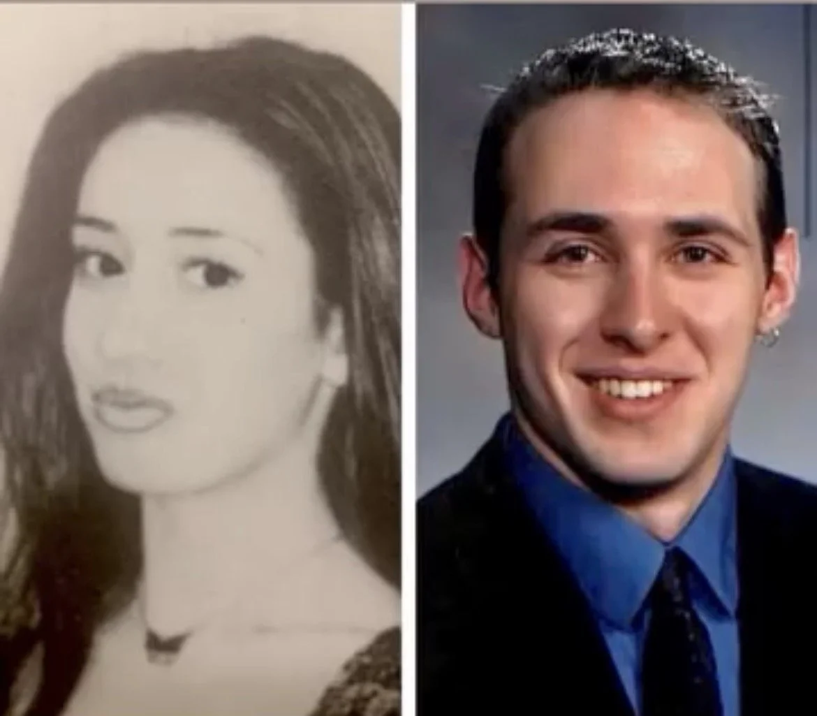 Side-by-side comparison of a woman’s artistic black-and-white sketch in profile on the left and a smiling young man in a suit and tie on the right.