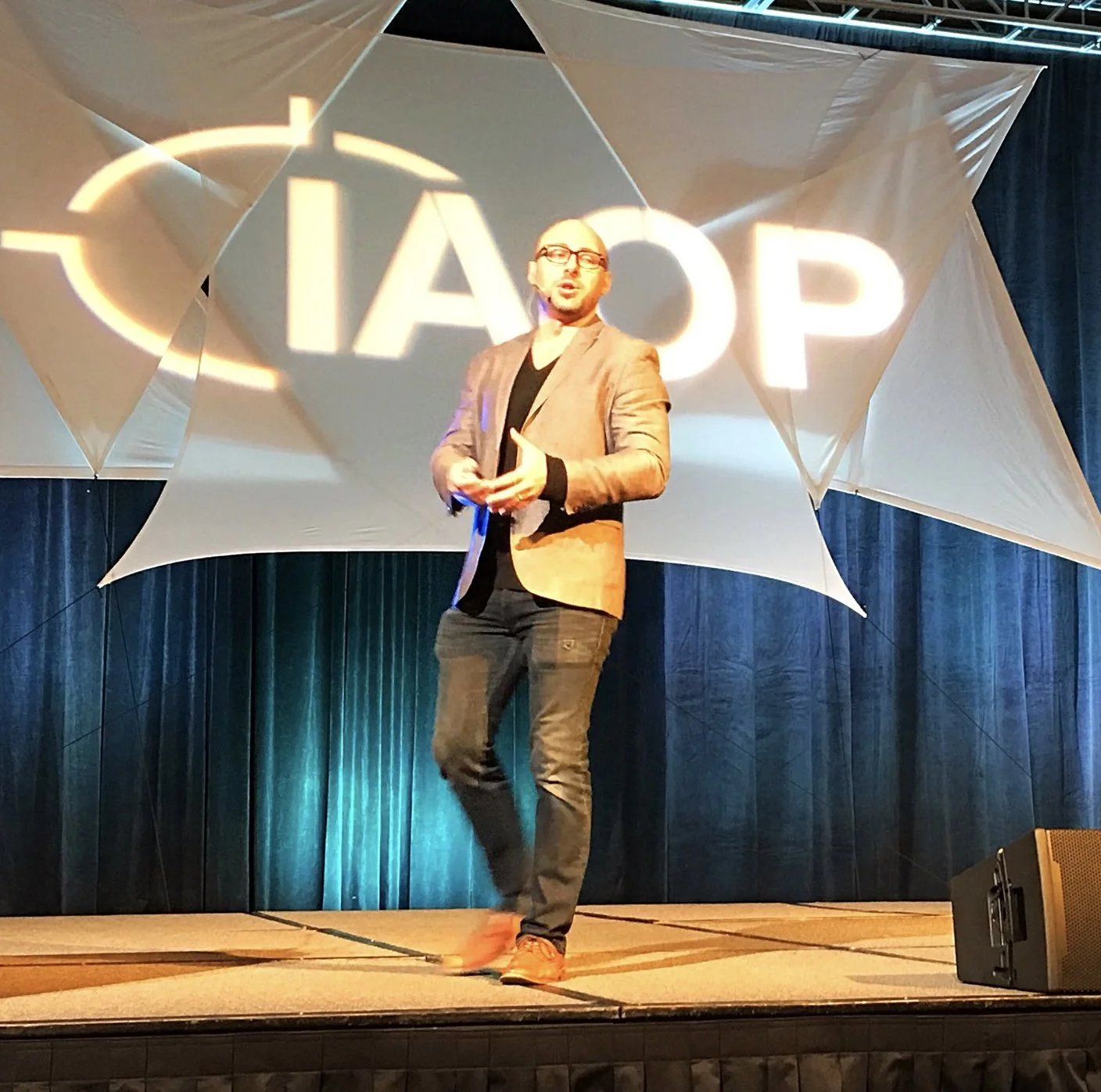 A man standing on a stage, giving a presentation with a large projection behind him that reads 'IAP'.
