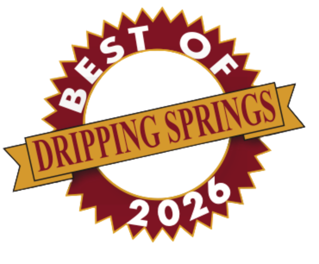 Badge with the words 'Best of Dripping Springs 2026' in a circular design with a starburst border.