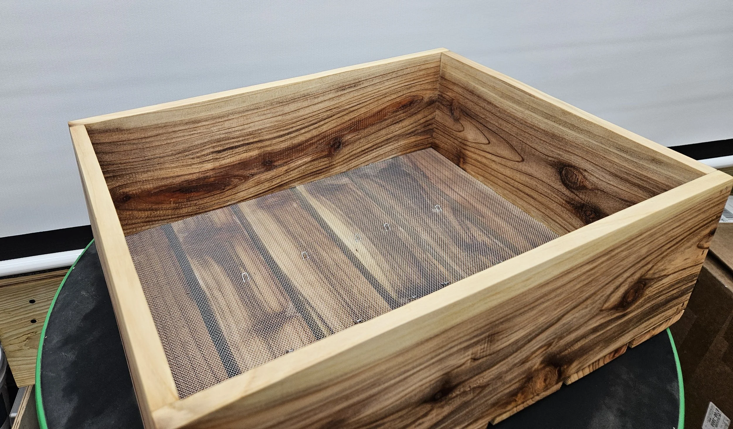 Cedar bonsai training box with screened slatted bottom for excellent drainage and aeration