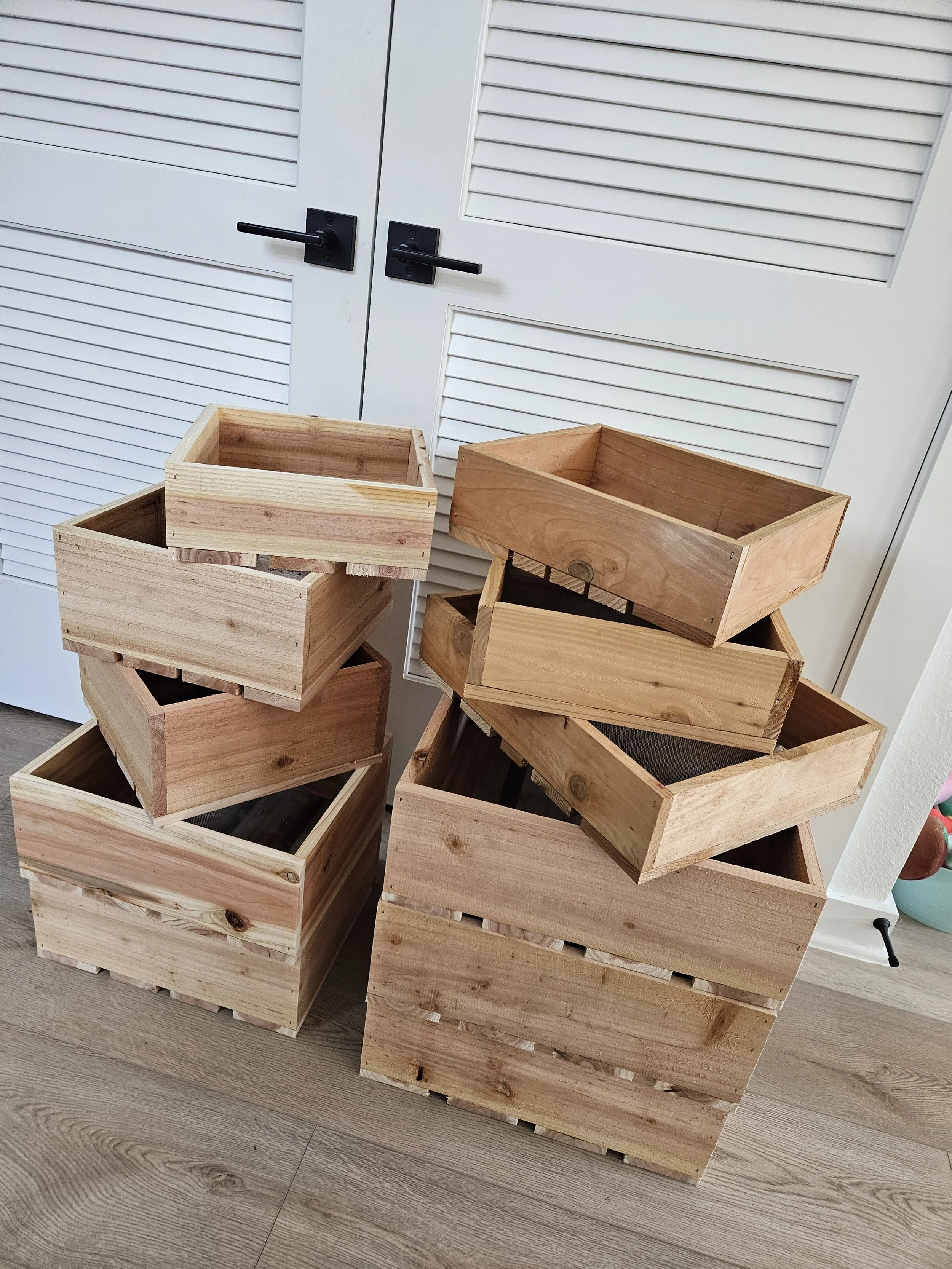 Custom cedar bonsai training containers in assorted sizes with open drainage bottoms