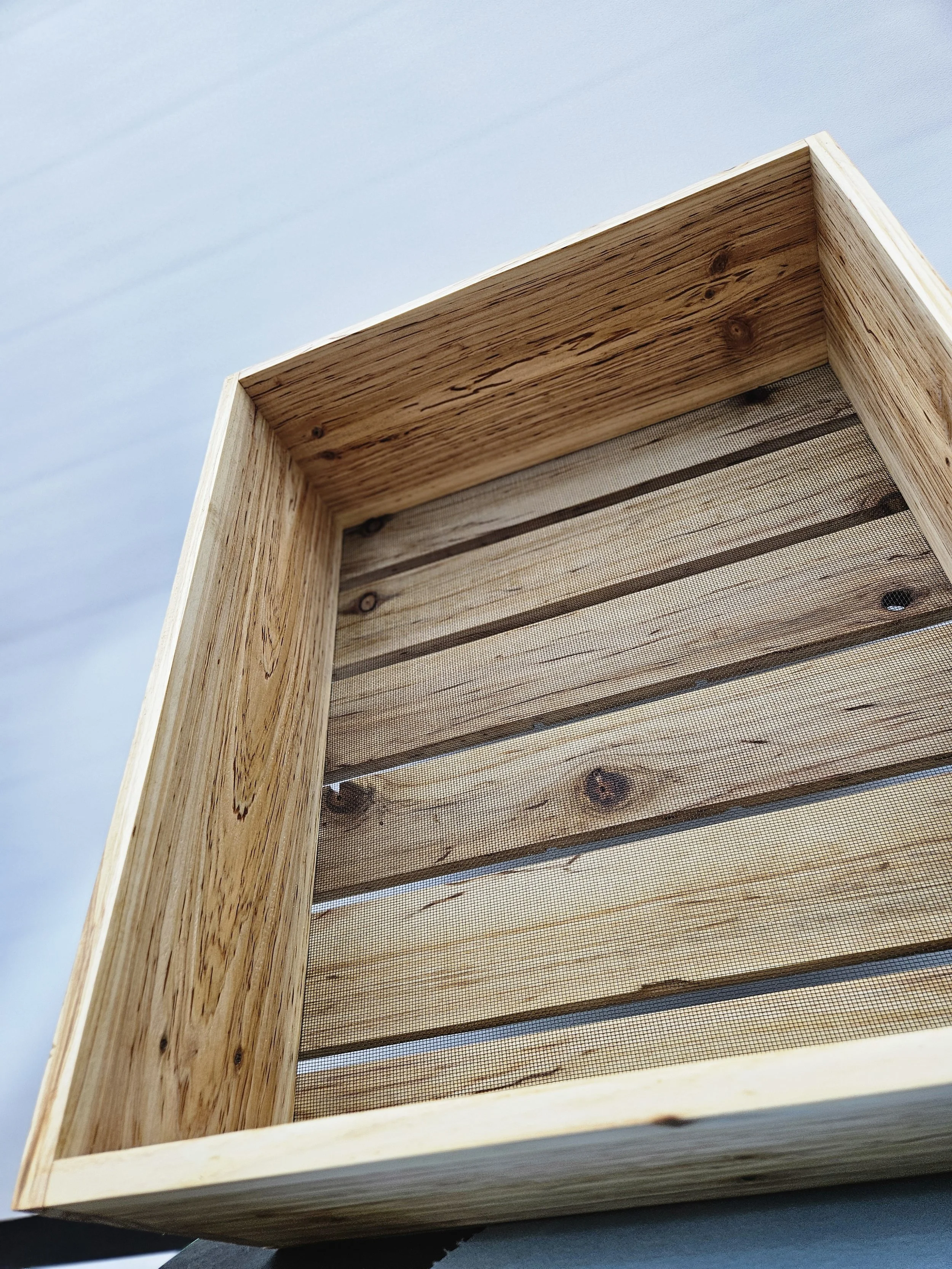 Handcrafted cedar bonsai training container with mesh screen over wide drainage openings