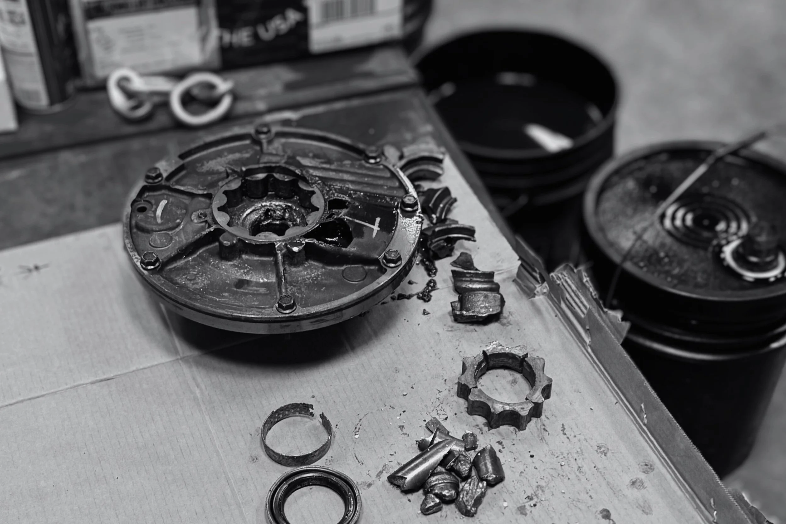 Disassembled mechanical part, likely part of a motor or machine, on a work surface with small loose components and tools around.
