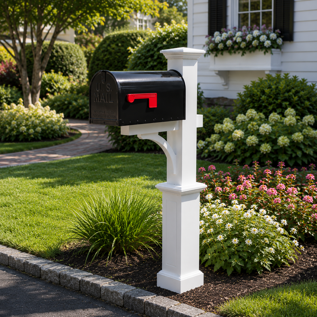A black U.S. Mail mailbox with a red flag on a white wooden post in a garden with green grass, bushes, and colorful flowers, beside a house with white siding and black shutters.