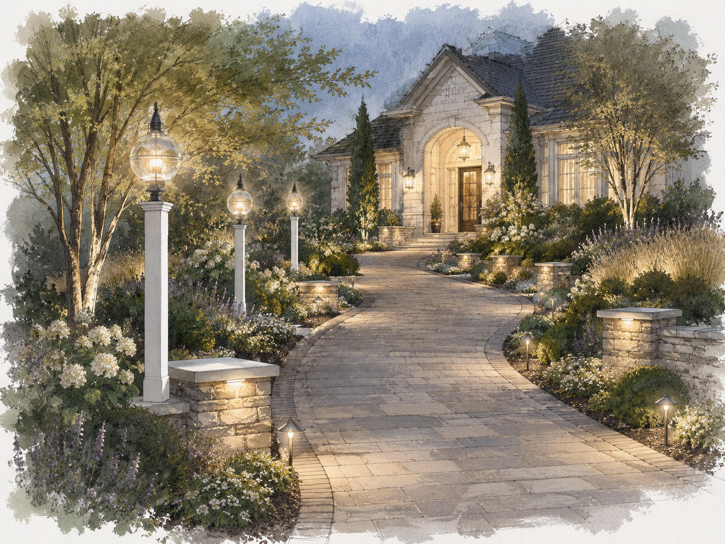 Professional landscape lighting design illustration with driveway lampposts, pathway lighting, capstone lights, and elegant warm uplighting for a luxury Ocala home.