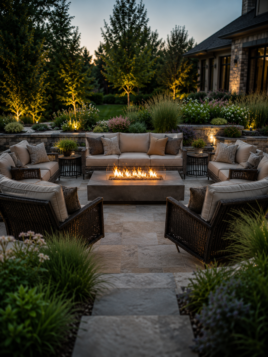 Luxury outdoor seating area with fire pit, patio furniture, landscape lighting, and professionally designed planting beds at dusk in Ocala, Florida.