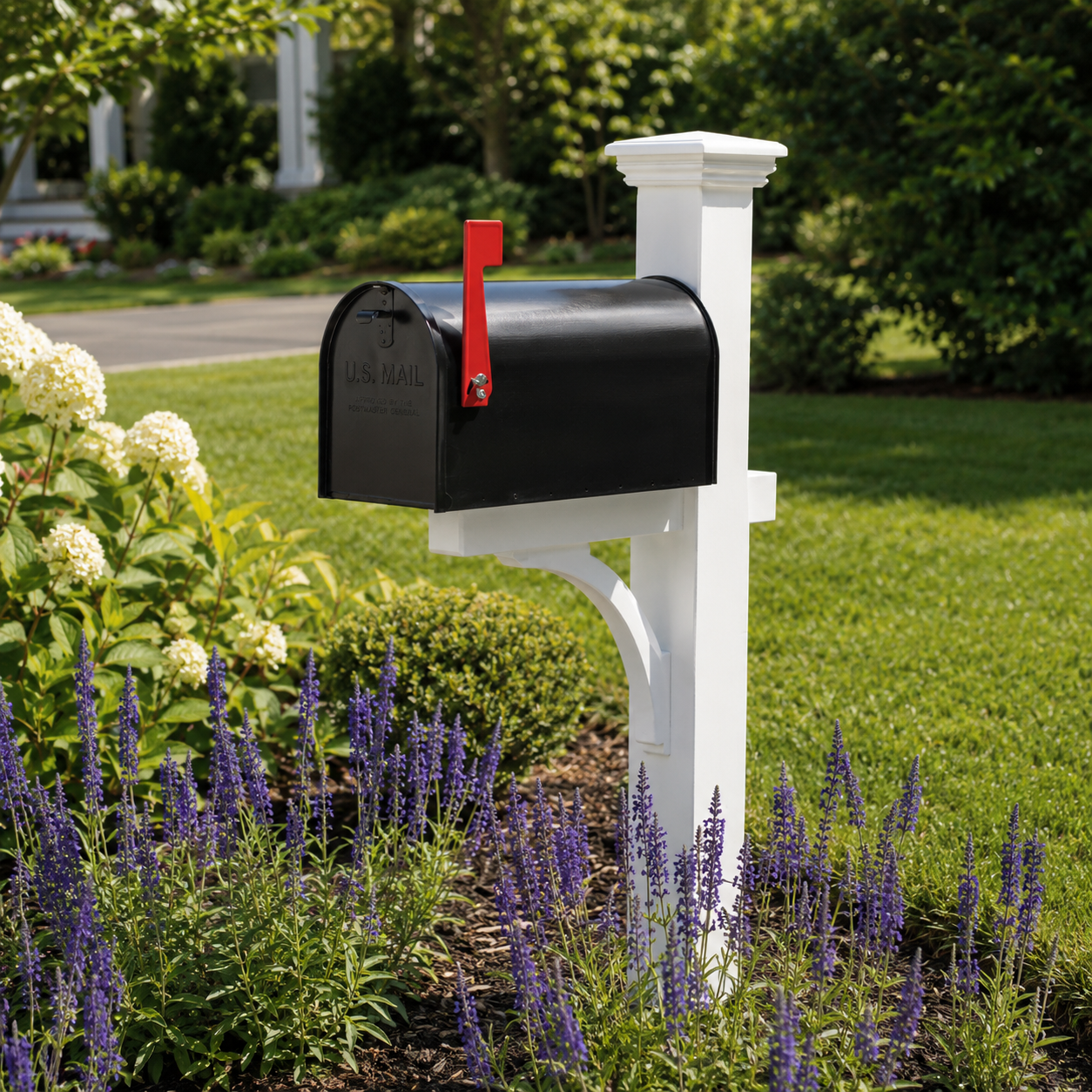 Black U.S. mail mailbox mounted on white post in front yard with purple and white flowers and green lawn.