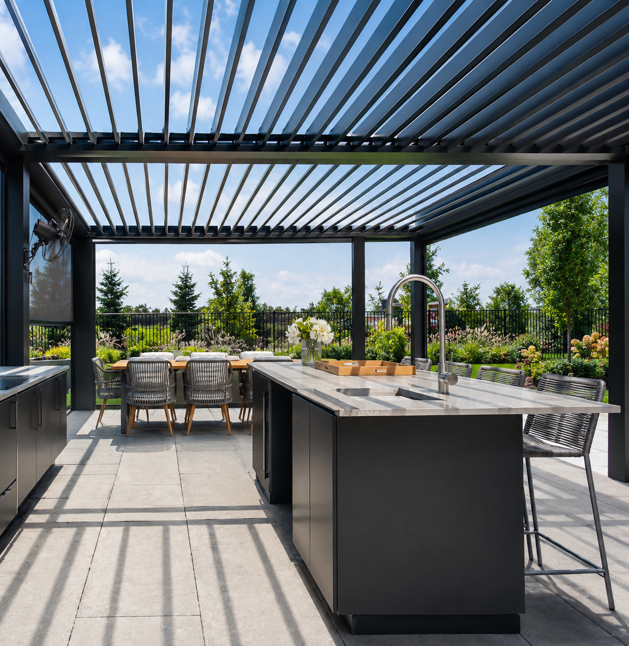 Outdoor modern kitchen and dining area under a pergola with views of trees and a garden, featuring a large island with a sink, bar stools, and a dining table with chairs