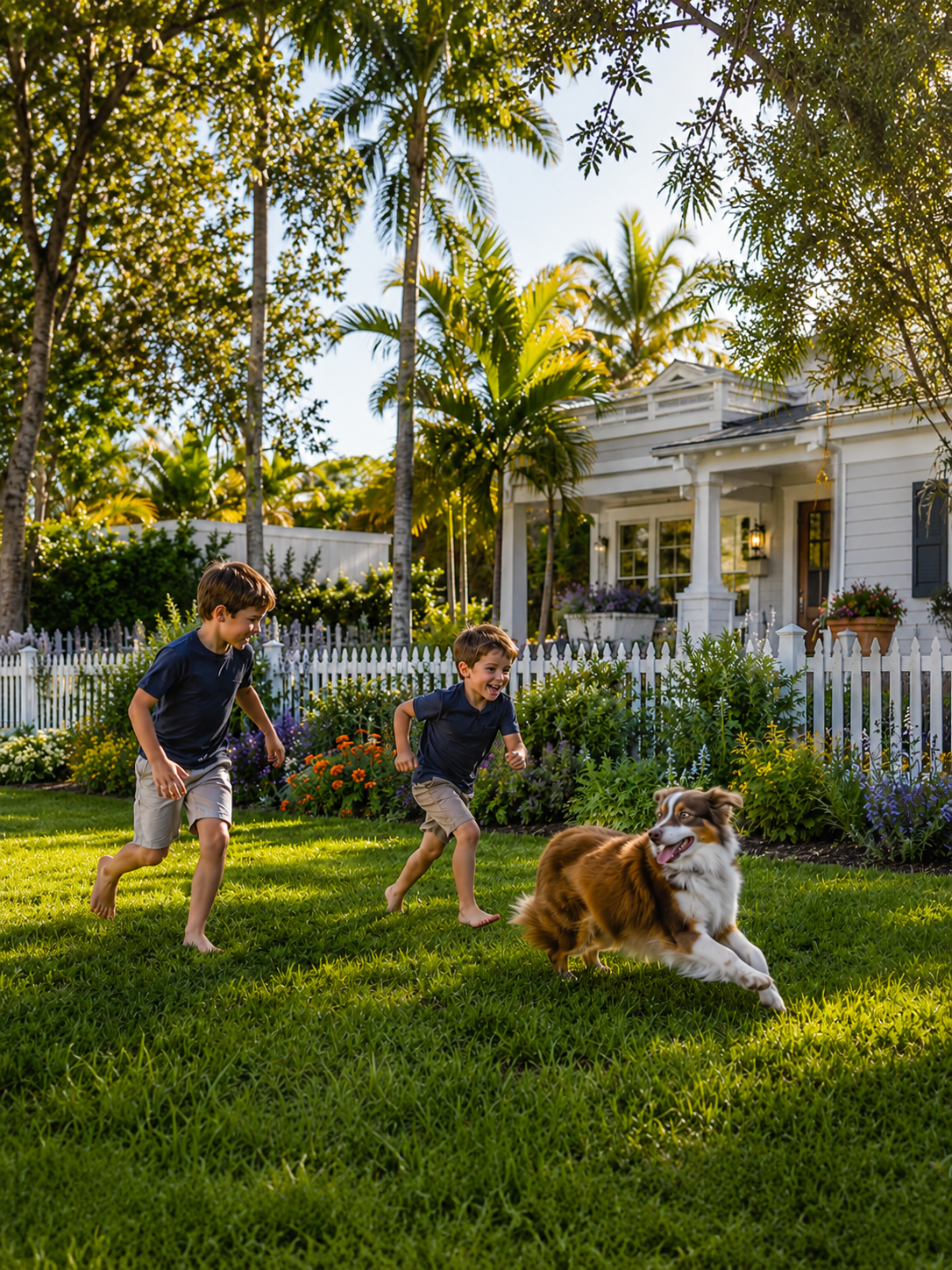 Two young boys and a dog playing and running on a lush green lawn in front of a white house with a garden, surrounded by tall trees and plants.