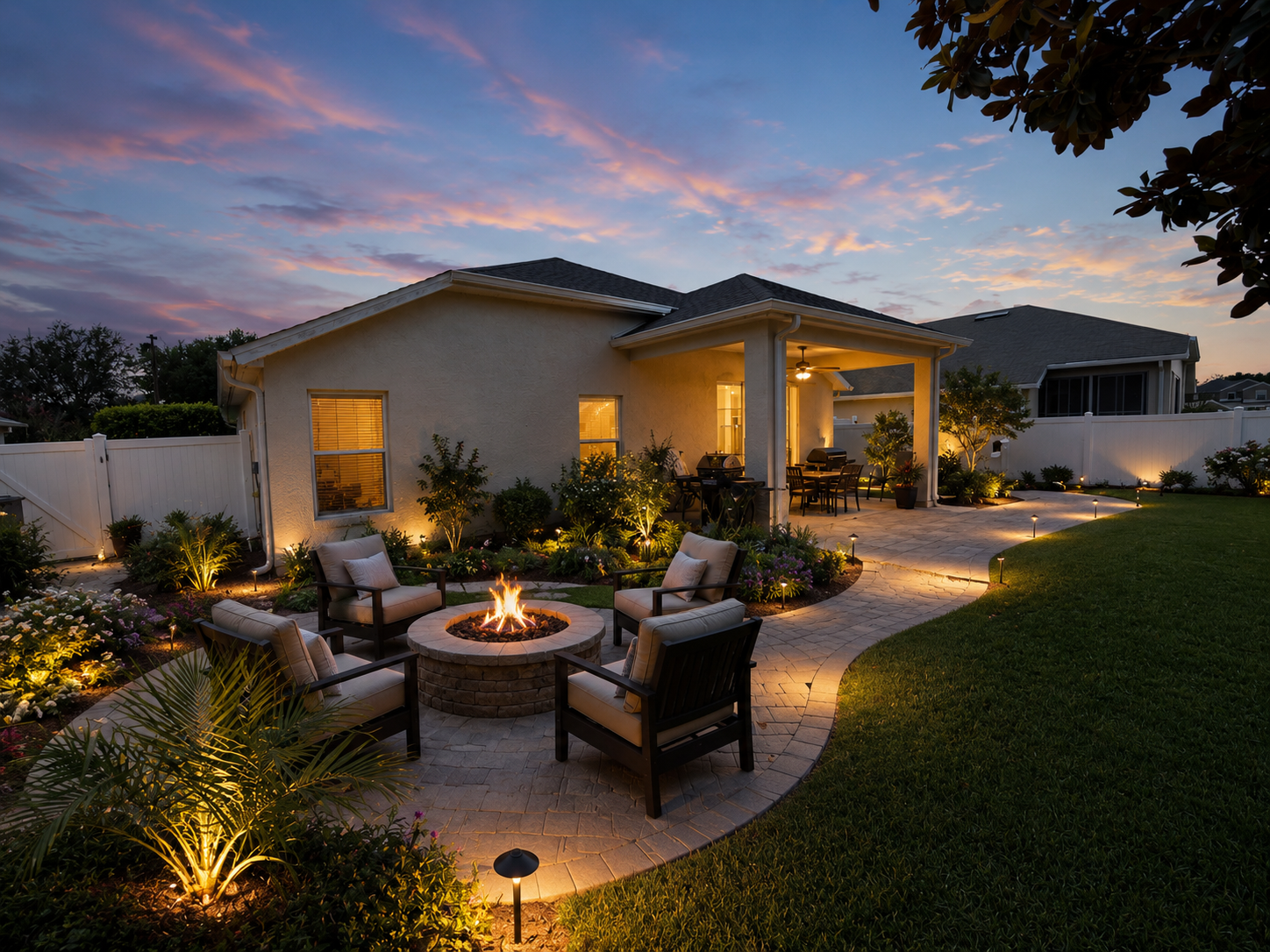 A backyard patio at dusk featuring a fire pit surrounded by four outdoor chairs, a paved pathway, garden beds with flowers, a covered seating area with a ceiling fan, and warm outdoor lighting, with a house in the background and a colorful sky.