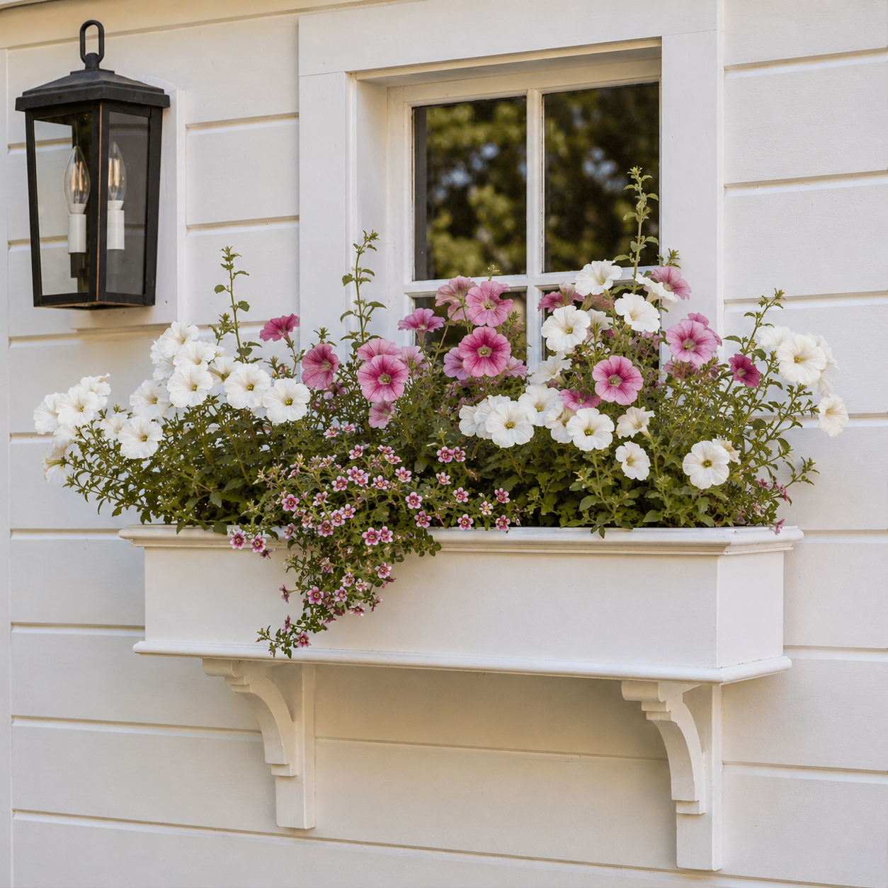 Flower box with pink and white petunias on a white exterior wall with a window and a black outdoor lantern.