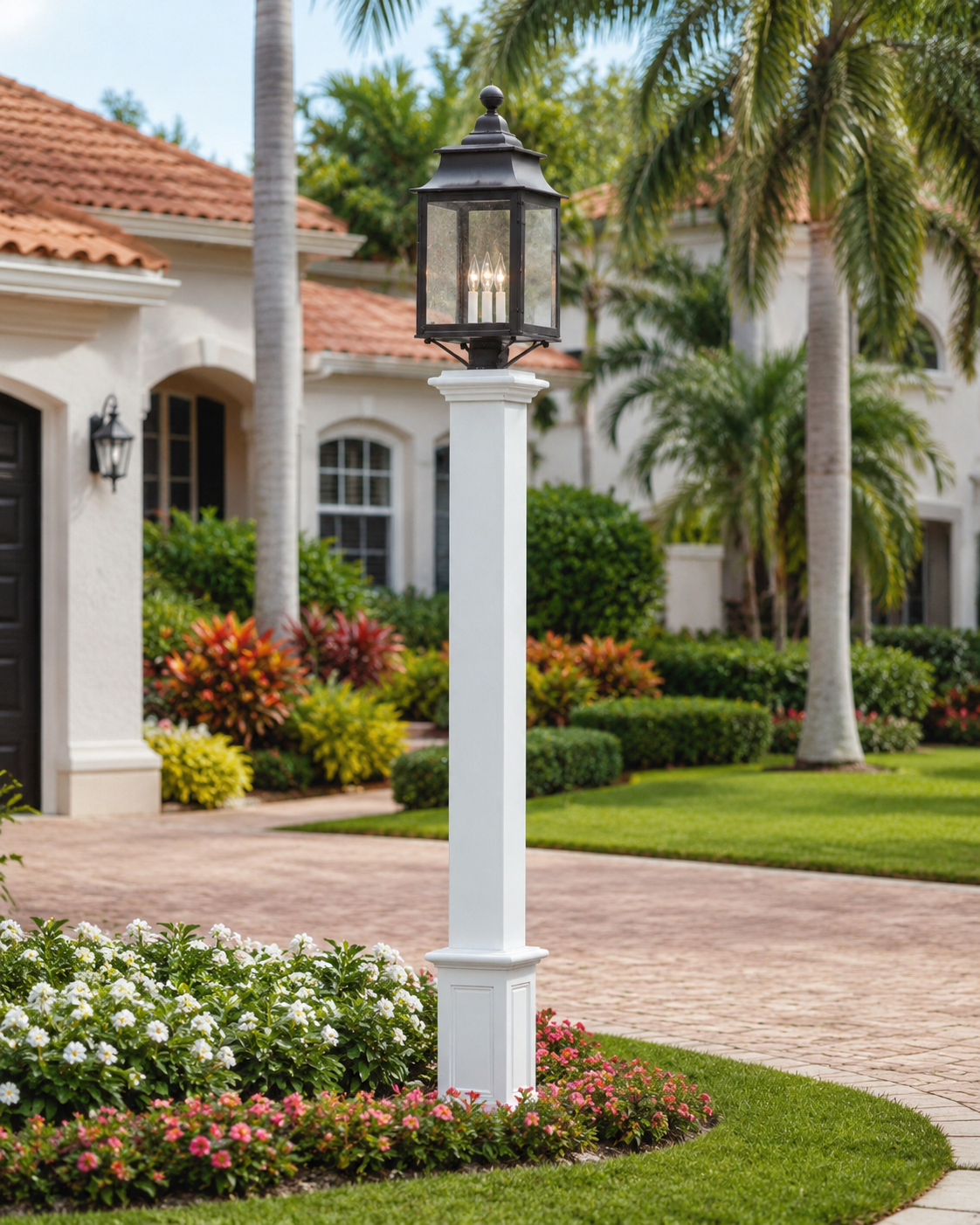A decorative outdoor lamp post in front of a well-maintained suburban house surrounded by lush green plants, colorful flowers, and tall palm trees.