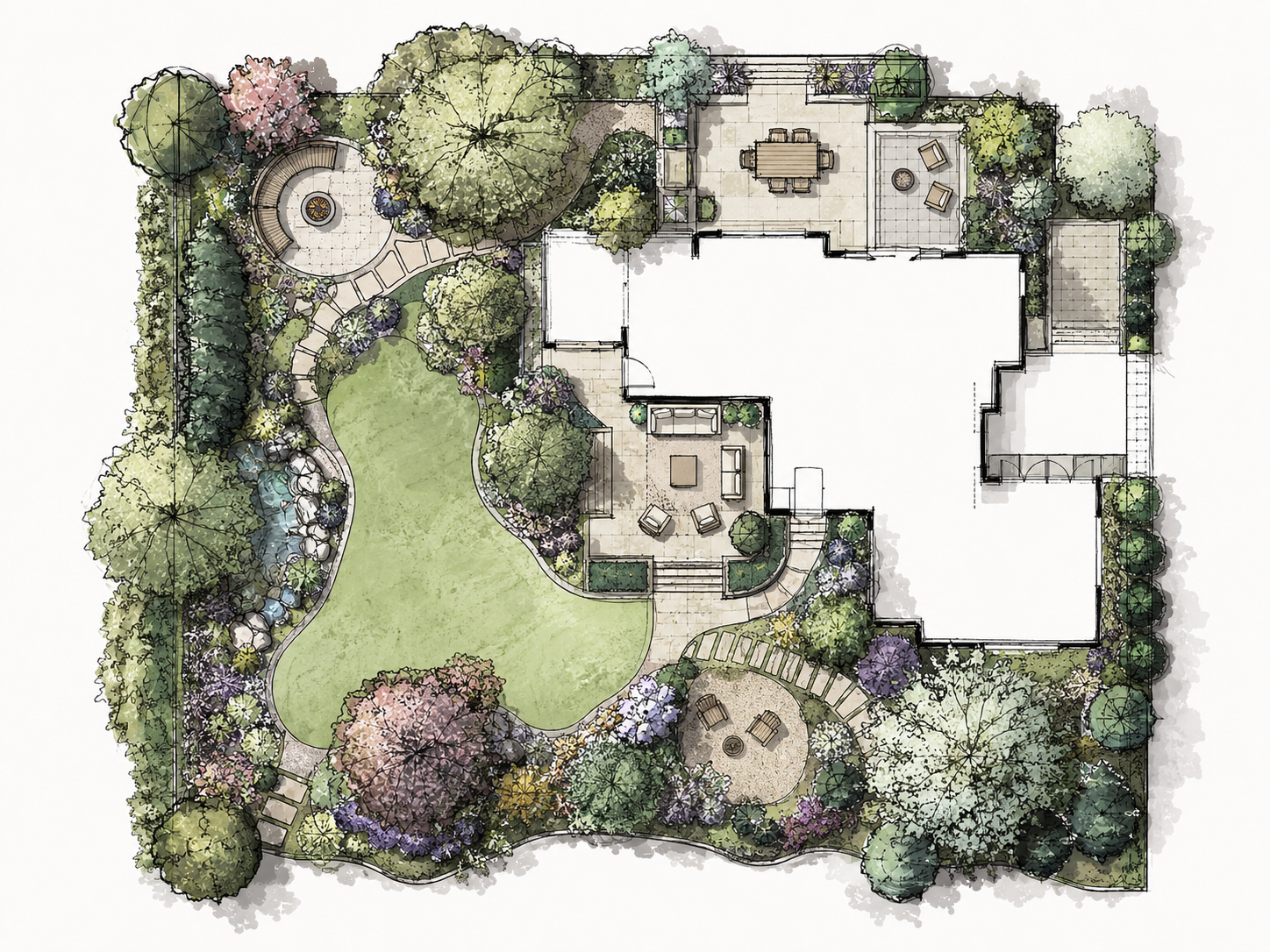 Custom residential landscape design plan for an Ocala outdoor space featuring curved walkways, patio areas, layered garden beds, trees, shrubs, and detailed planting layout.
