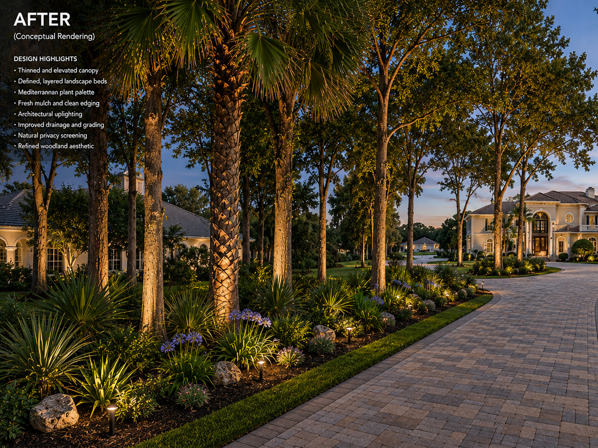 A landscaped residential driveway with trees, plants, and outdoor lighting at dusk.
