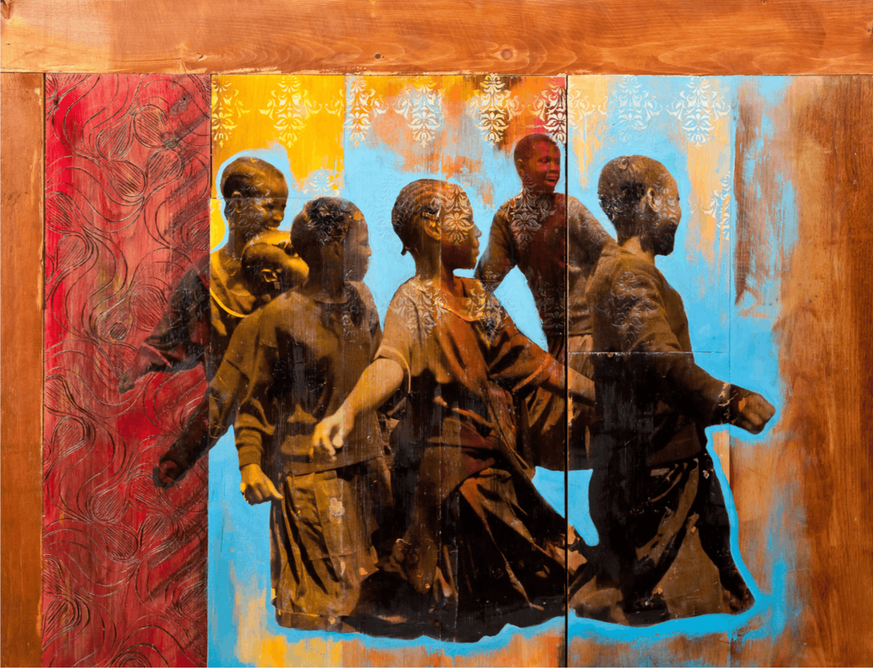 A colorful artwork depicting a group of children and adults, possibly from an African community, set against a vibrant background with patterns and textures.