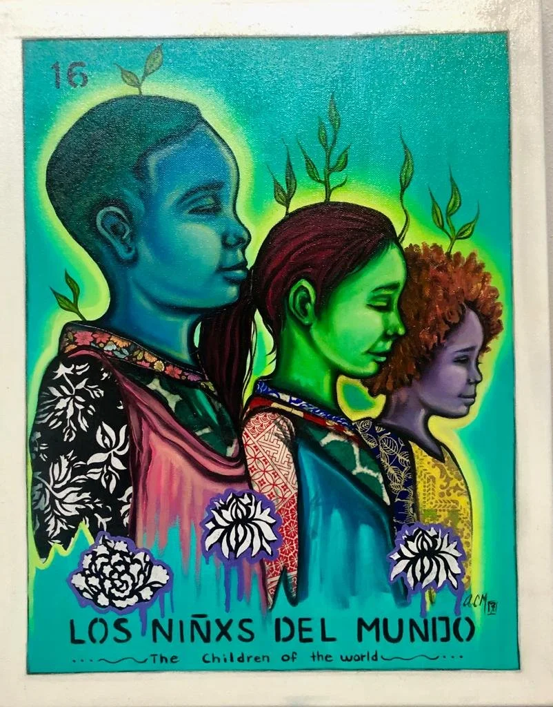 Colorful artwork of three diverse children representing different races, each with plants growing from their heads, symbolizing growth and unity. Title reads 'Los Niñosxs del Munjo' and subtitle 'The Children of the World'.