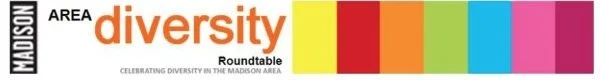 Banner with the word 'diversity' and multicolored horizontal stripes, promoting diversity in the Madison area.