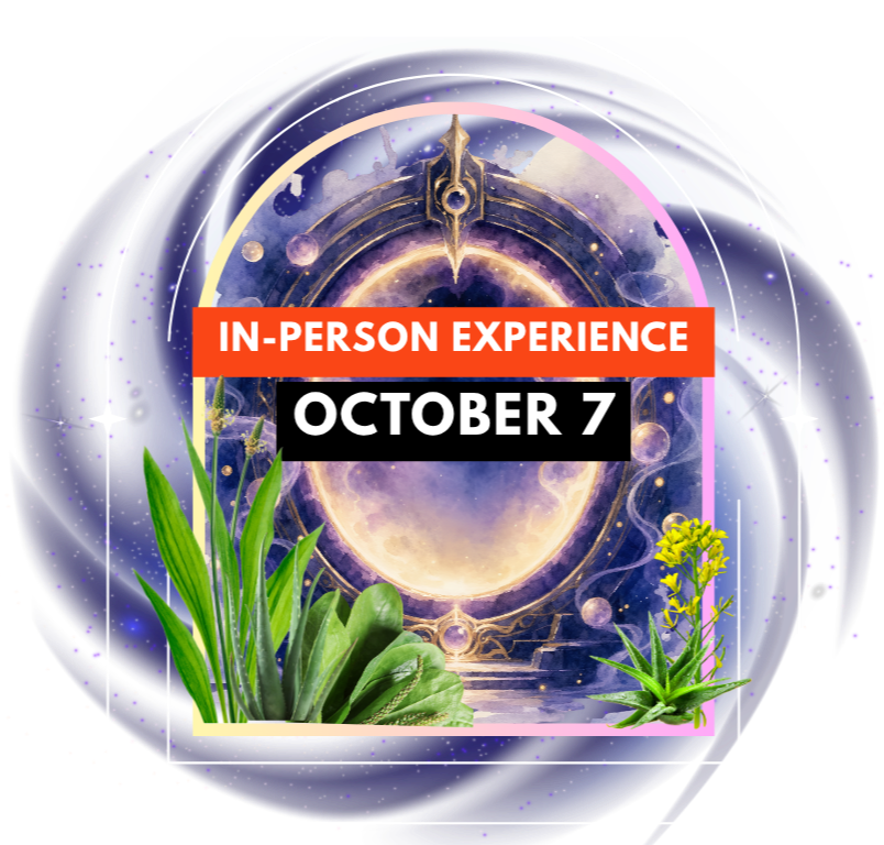 A promotional poster for an in-person experience event scheduled for October 7. The background features a cosmic scene with celestial elements, plants, and mystical symbols.