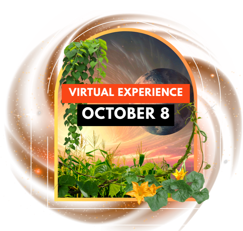 An announcement for a virtual experience happening on October 8, featuring a cosmic background with a planet, surrounded by green plants and flowers, with digital design elements.