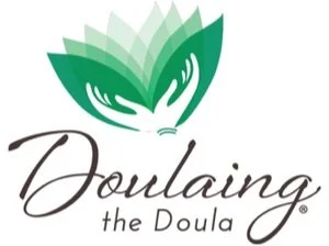 Logo featuring green leaves and hands, with the text 'Doulating the Doula'.