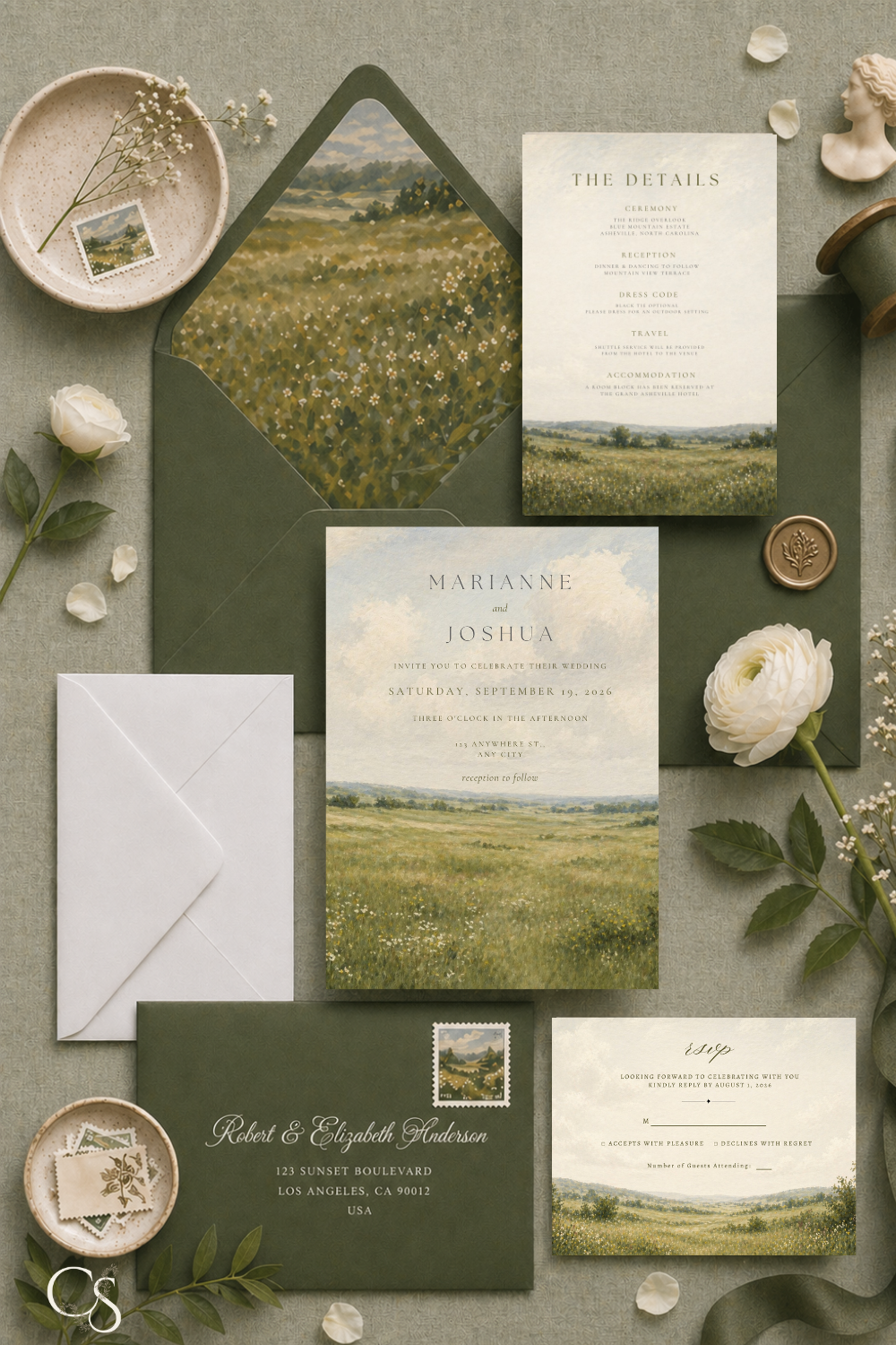 Elegant painterly meadow wedding invitation suite with soft green envelope, floral wax seal, and mountain landscape artwork, including RSVP and details cards styled in a romantic neutral flat lay.