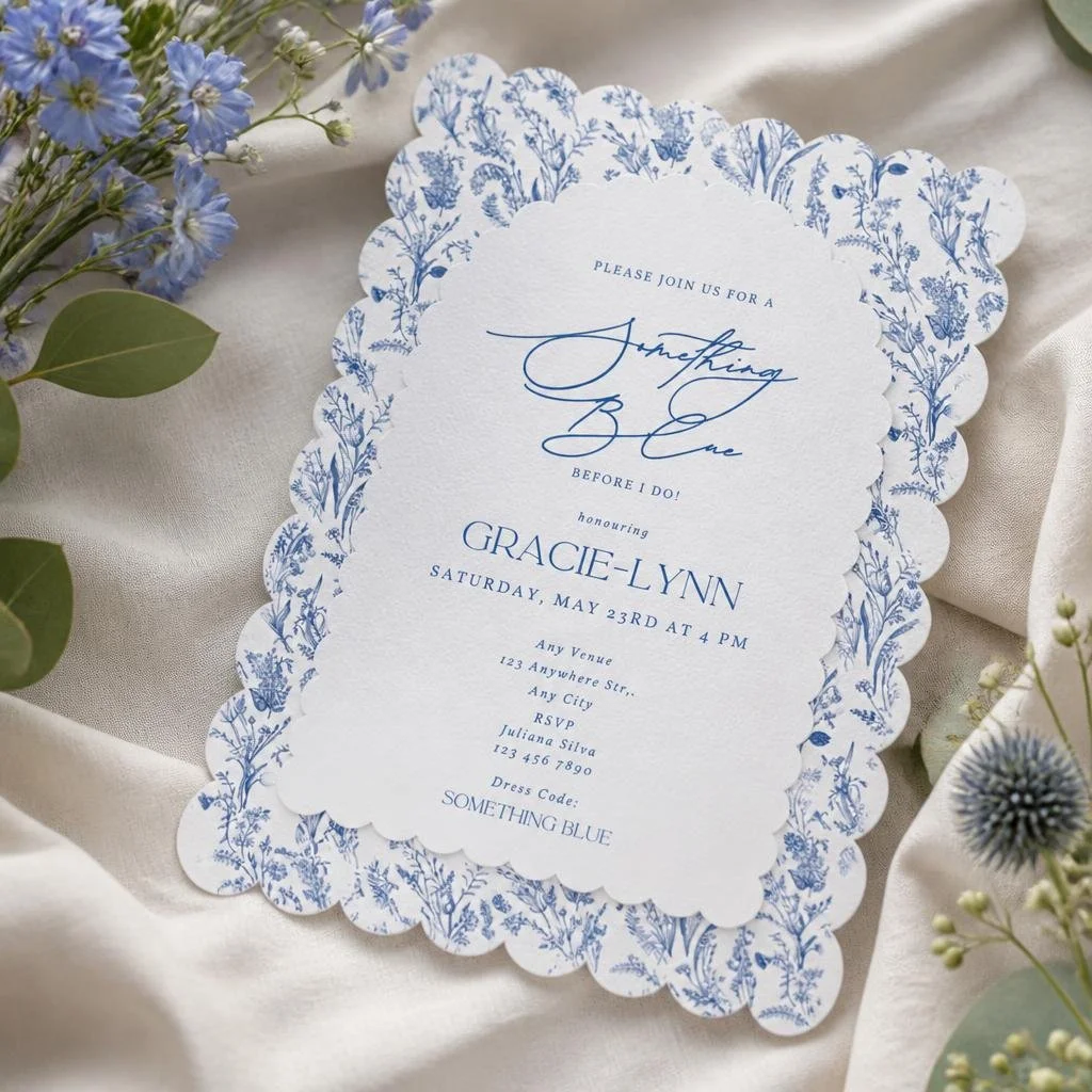 Wedding invitation with scalloped edges, blue floral border, and elegant blue script font, placed on cream-colored fabric with light purple flowers and green leaves nearby.