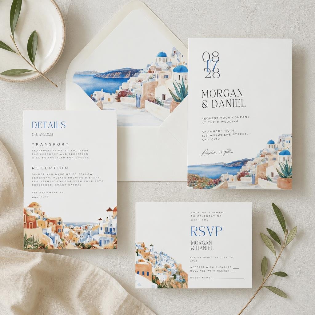 Santorini wedding invitation suite with blue coastal watercolor design, envelope liner, wax seal and editable Canva template