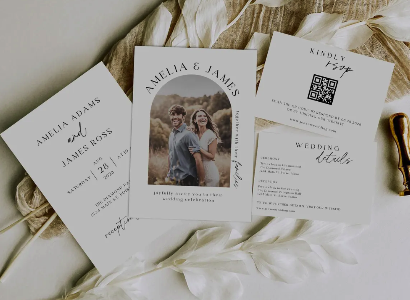 Coordinated wedding invitation suite featuring invitation, RSVP card, details card, and photo invitation design.